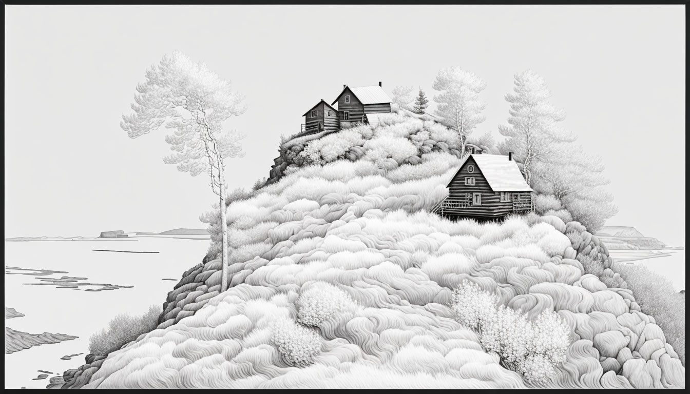 Grayscale illustration of lush hill, houses, lake & distant land