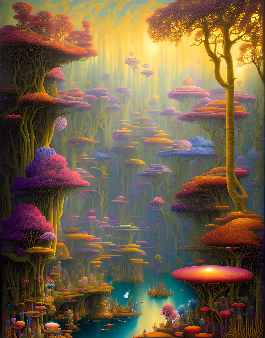 Colorful Mushroom Trees Rising from Water in Fantastical Landscape