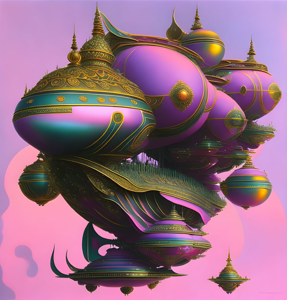 Surreal floating structure with ornate spires and Eastern-inspired design.