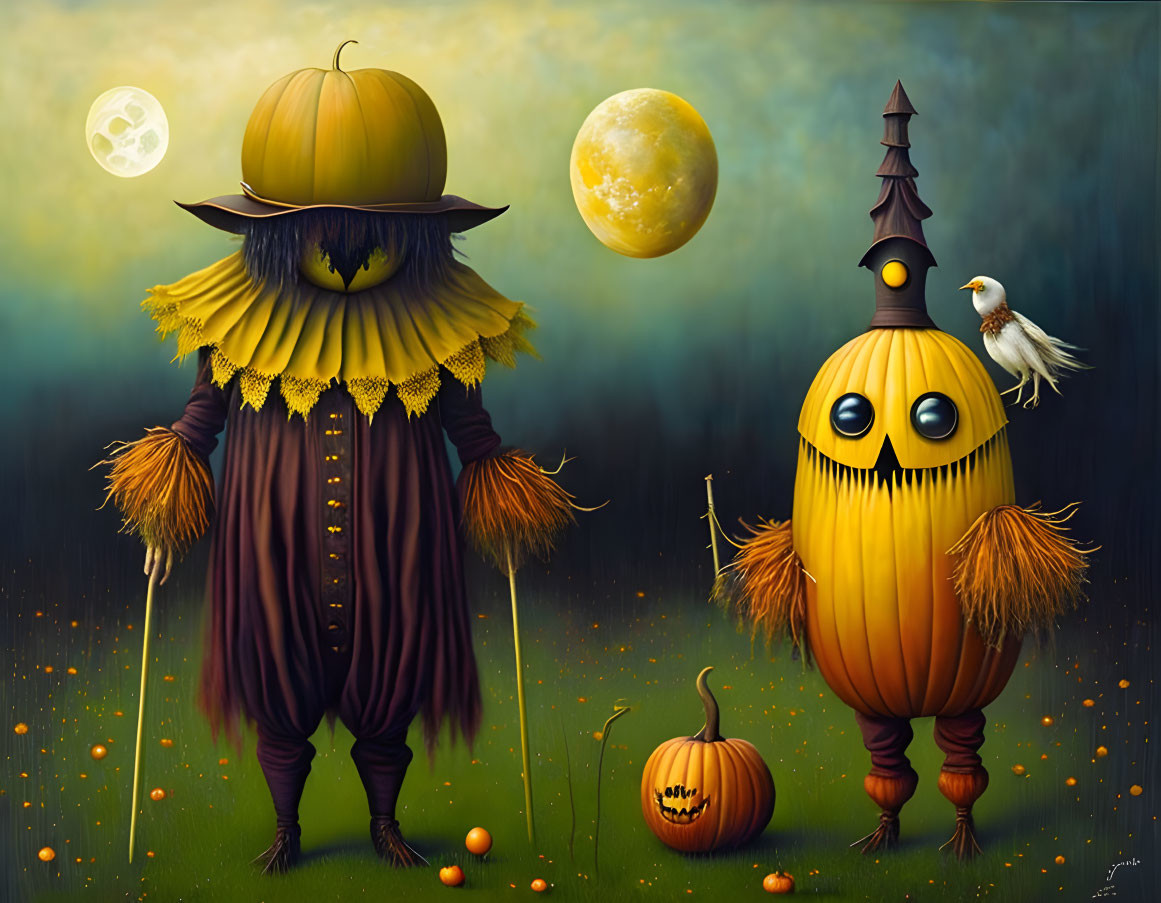 Whimsical anthropomorphic pumpkin characters in magical moonlit field