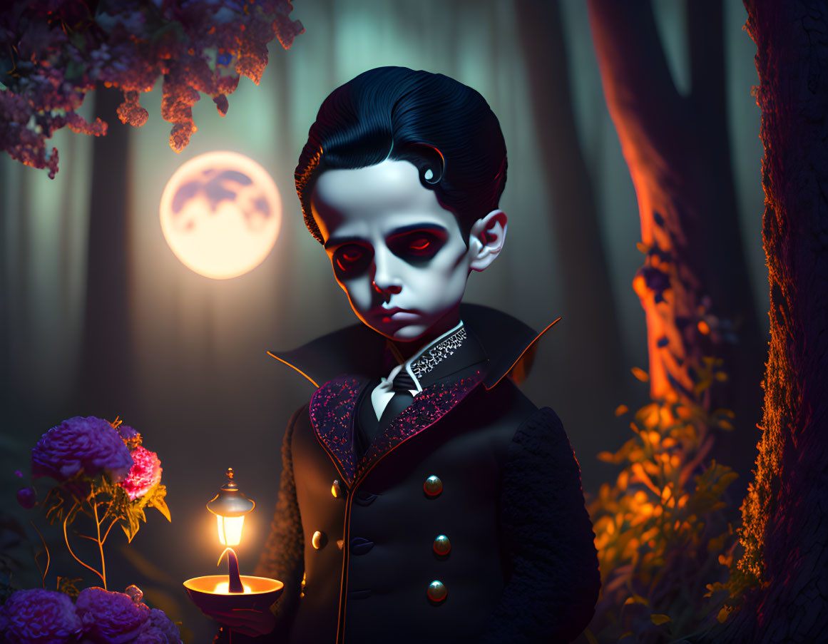 Pale Boy in Gothic Outfit Holding Candle in Mystical Forest