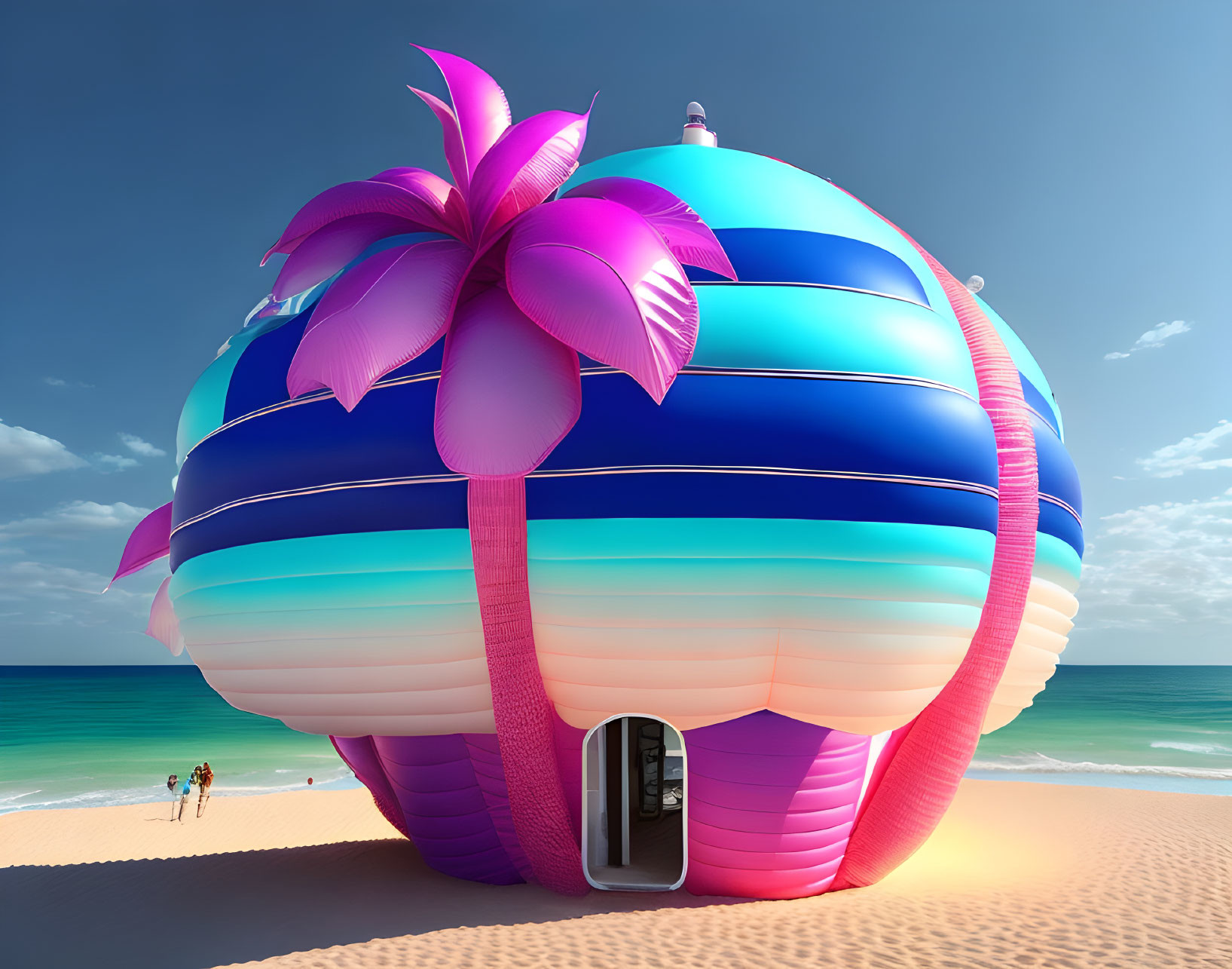 Colorful Inflatable Beach Ball Building on Beach