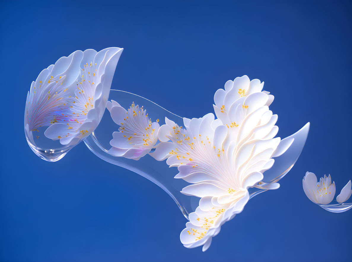 Delicate white petals and golden stamens on transparent 3D flowers on blue background