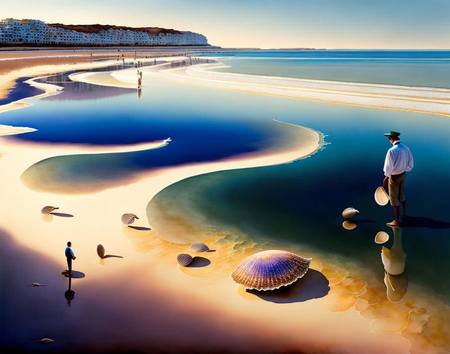 Surreal beachscape with oversized shells, figure, water channels, and buildings