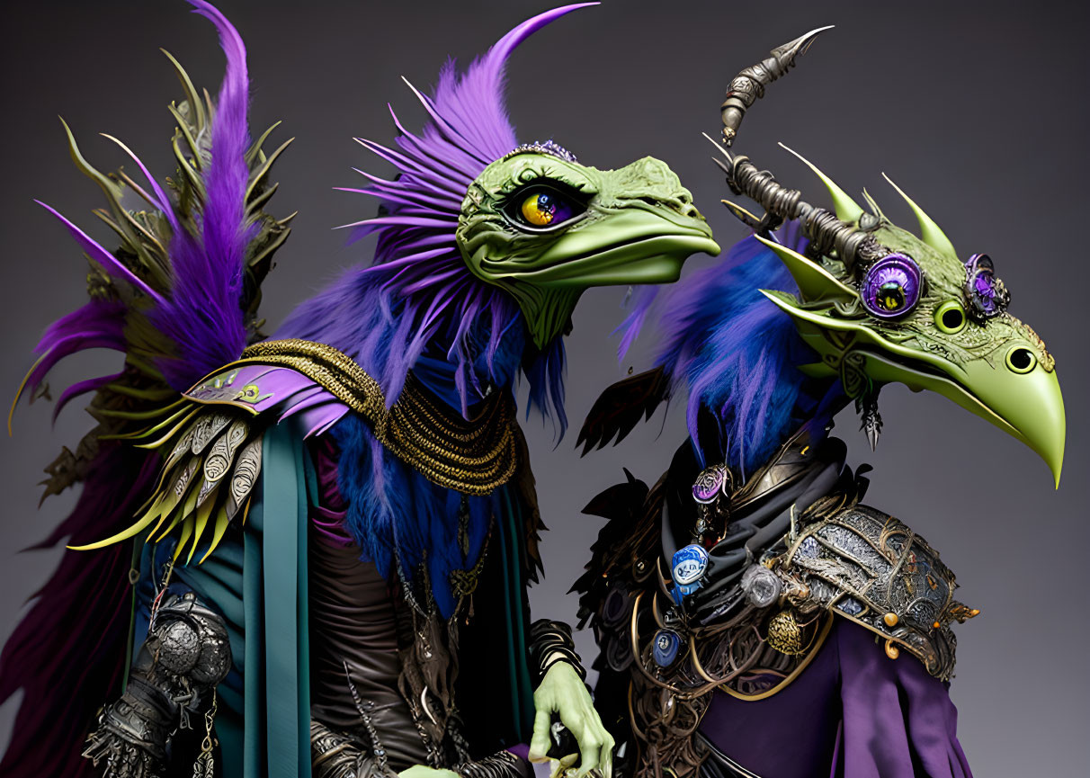 Vibrant purple and blue feathered bird-like creatures in intricate armor and jewelry