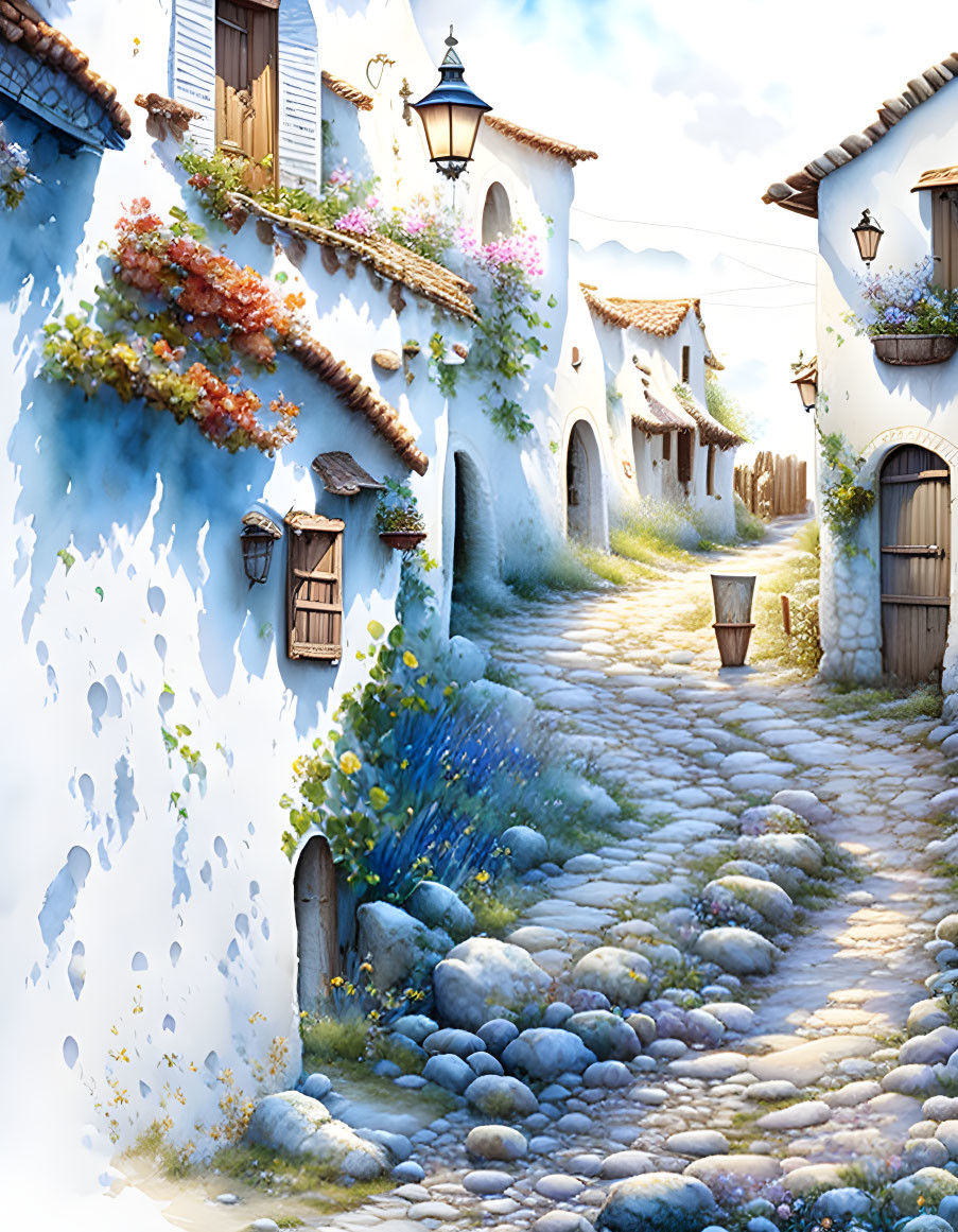 Scenic cobblestone street with white houses, blue accents, and vibrant flora