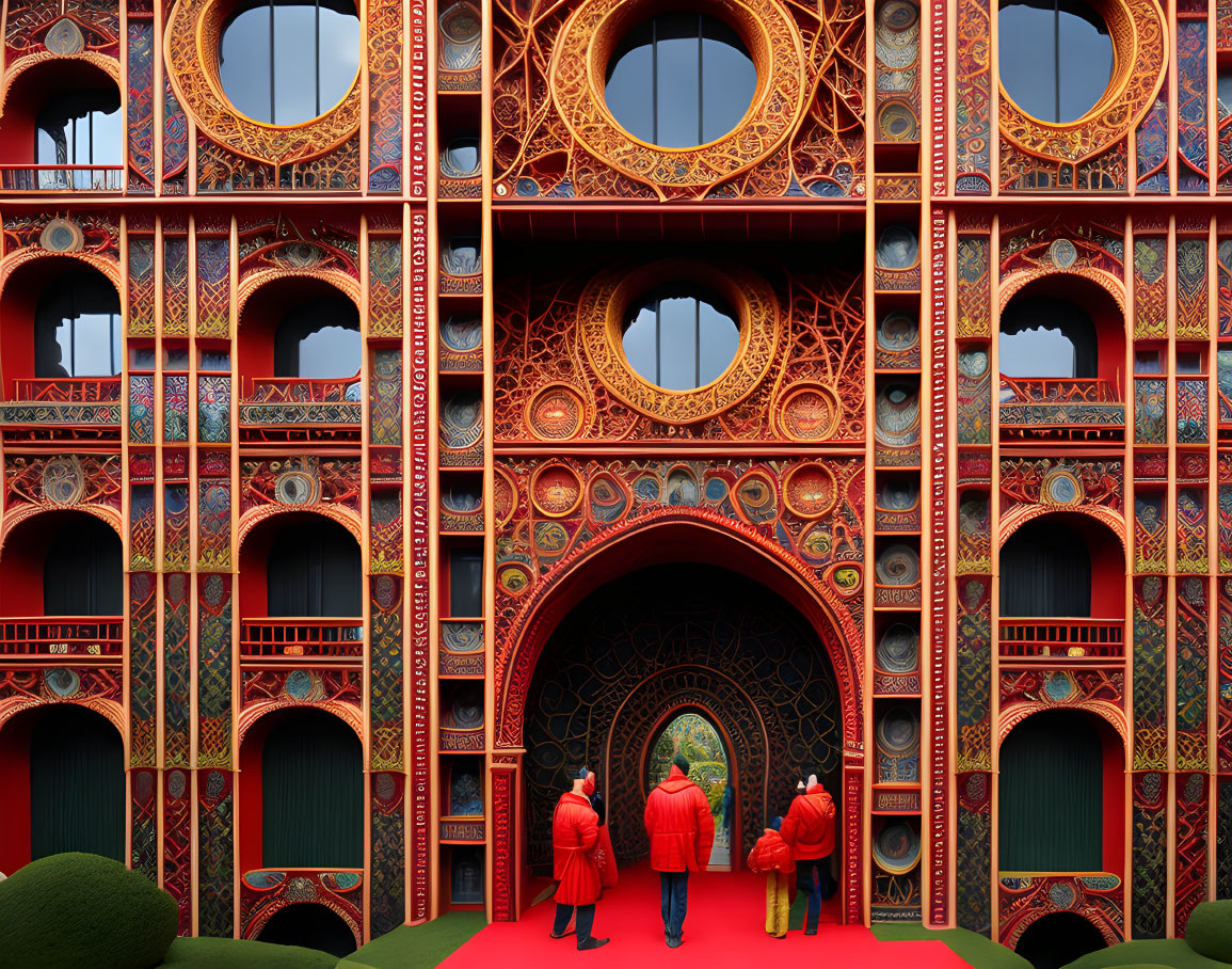 Three individuals in red coats in front of ornate multi-story building with red and gold circular designs.