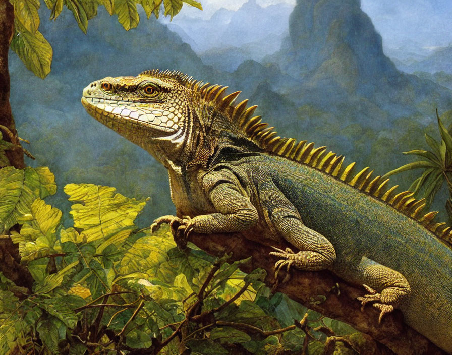 Iguana on green foliage in misty forest with mountain peaks