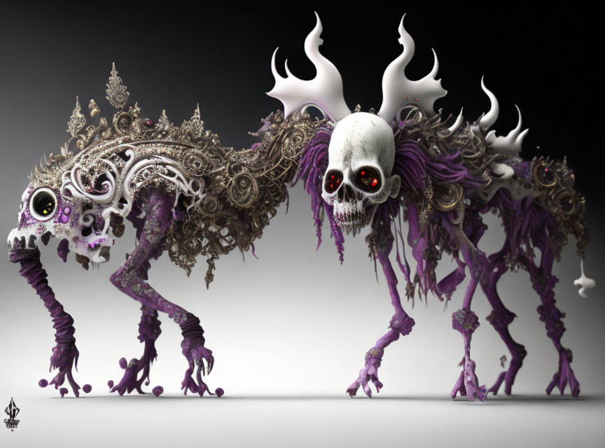 Fantastical skull-headed creature with red eyes and purple legs