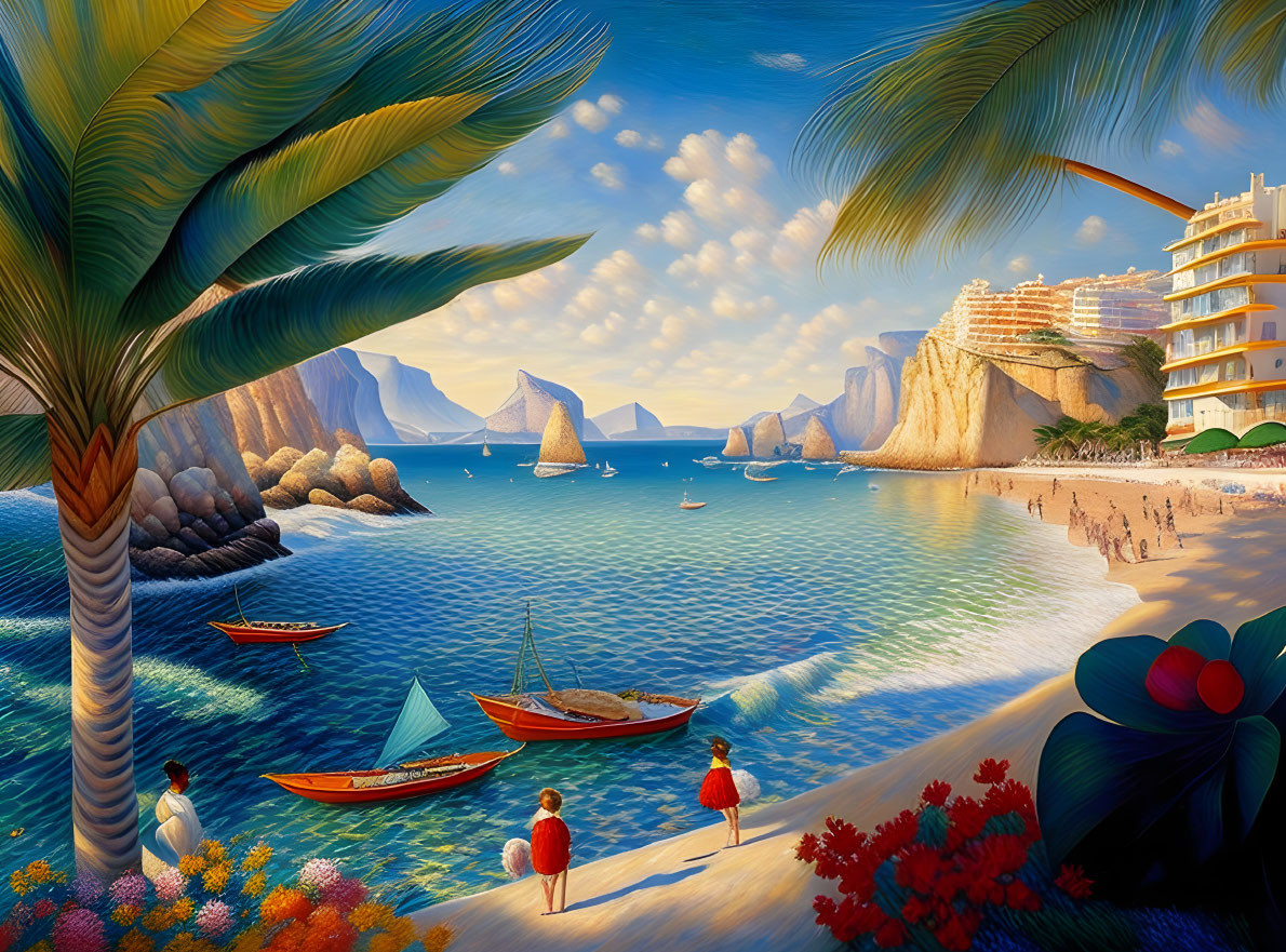 Tropical beach scene with boats, palm trees, people, clear blue water, sandy shore, and