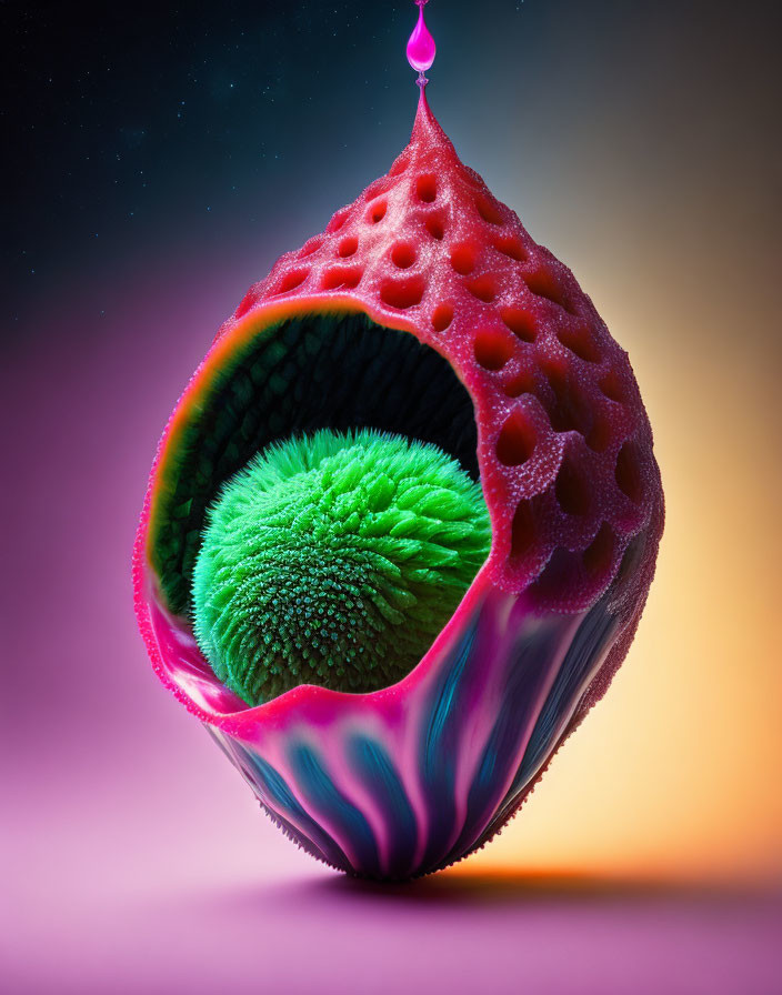 Abstract 3D Rendering of Porous Spherical Object with Neon Green Core