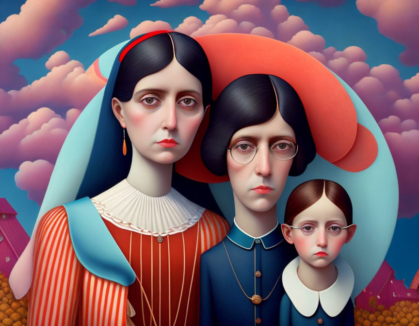 Stylized characters in vintage attire on surreal colorful backdrop