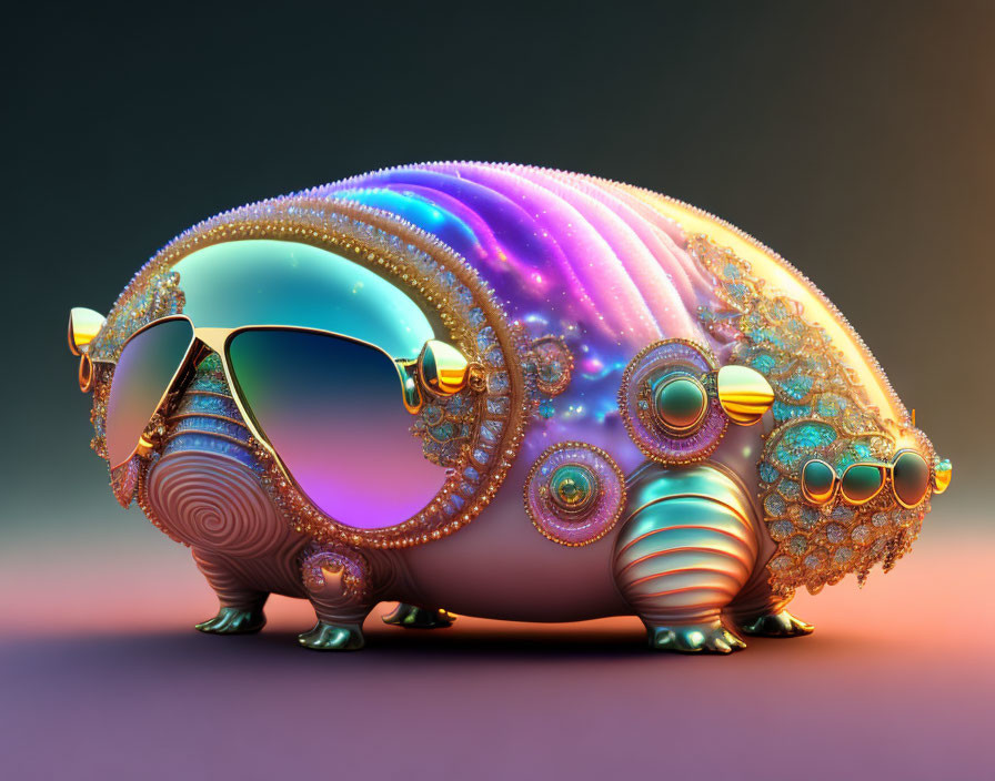 Colorful Stylized Creature with Galaxy Shell and Gold Details on Gradient Background