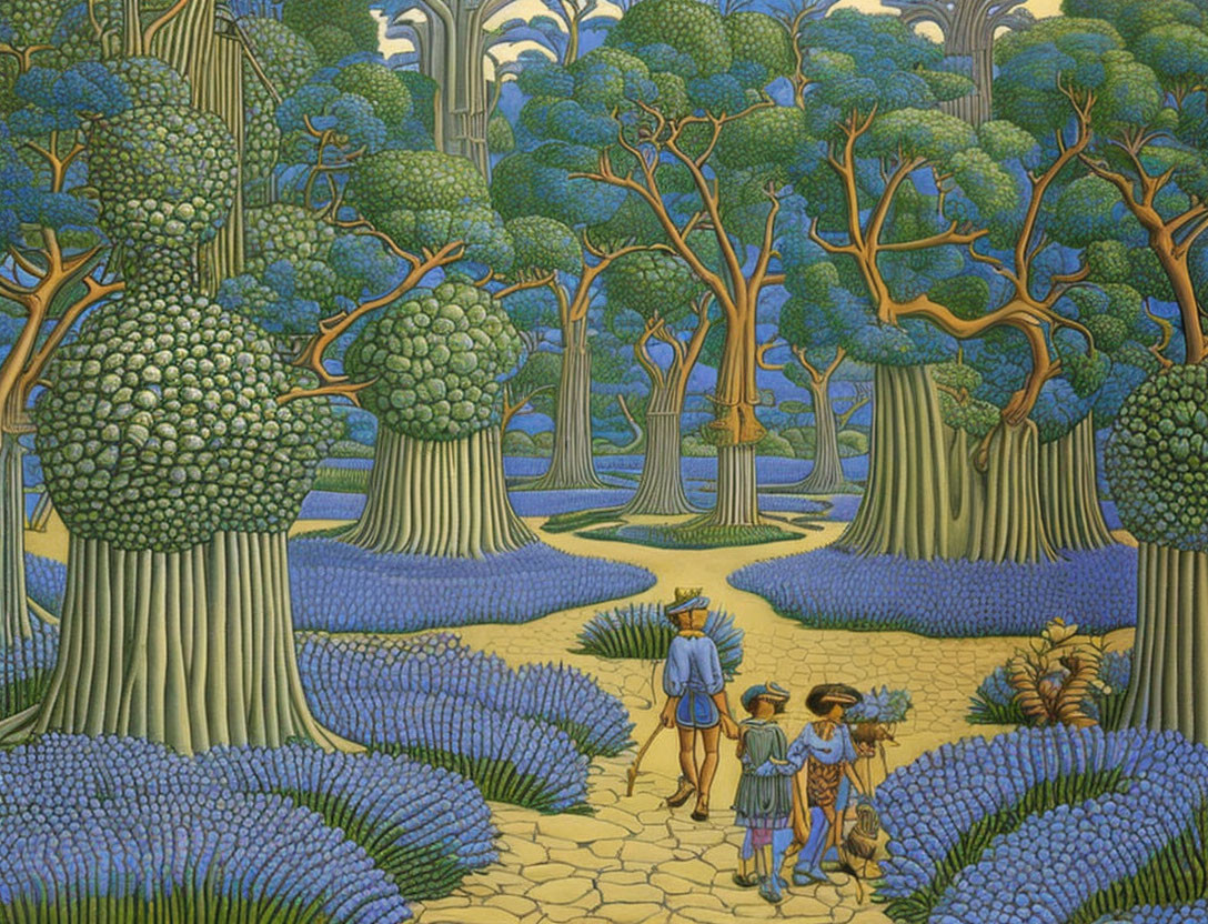 Three people walking on winding path in vibrant forest