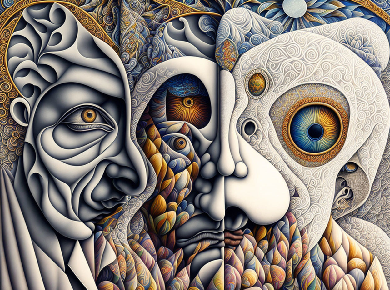 Intricately detailed surreal artwork with multiple faces blending into one another