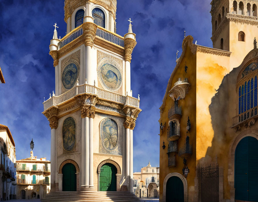 Clock tower with religious motifs amid European-style buildings under blue sky