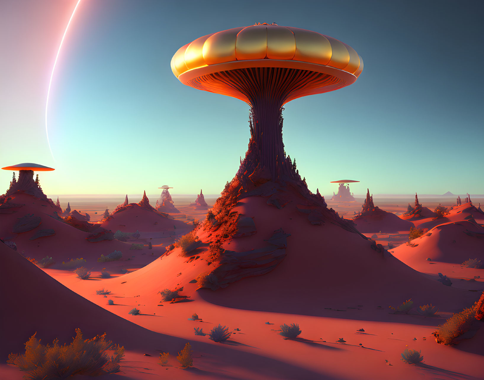 Futuristic desert landscape with mushroom-shaped structures and ringed planet