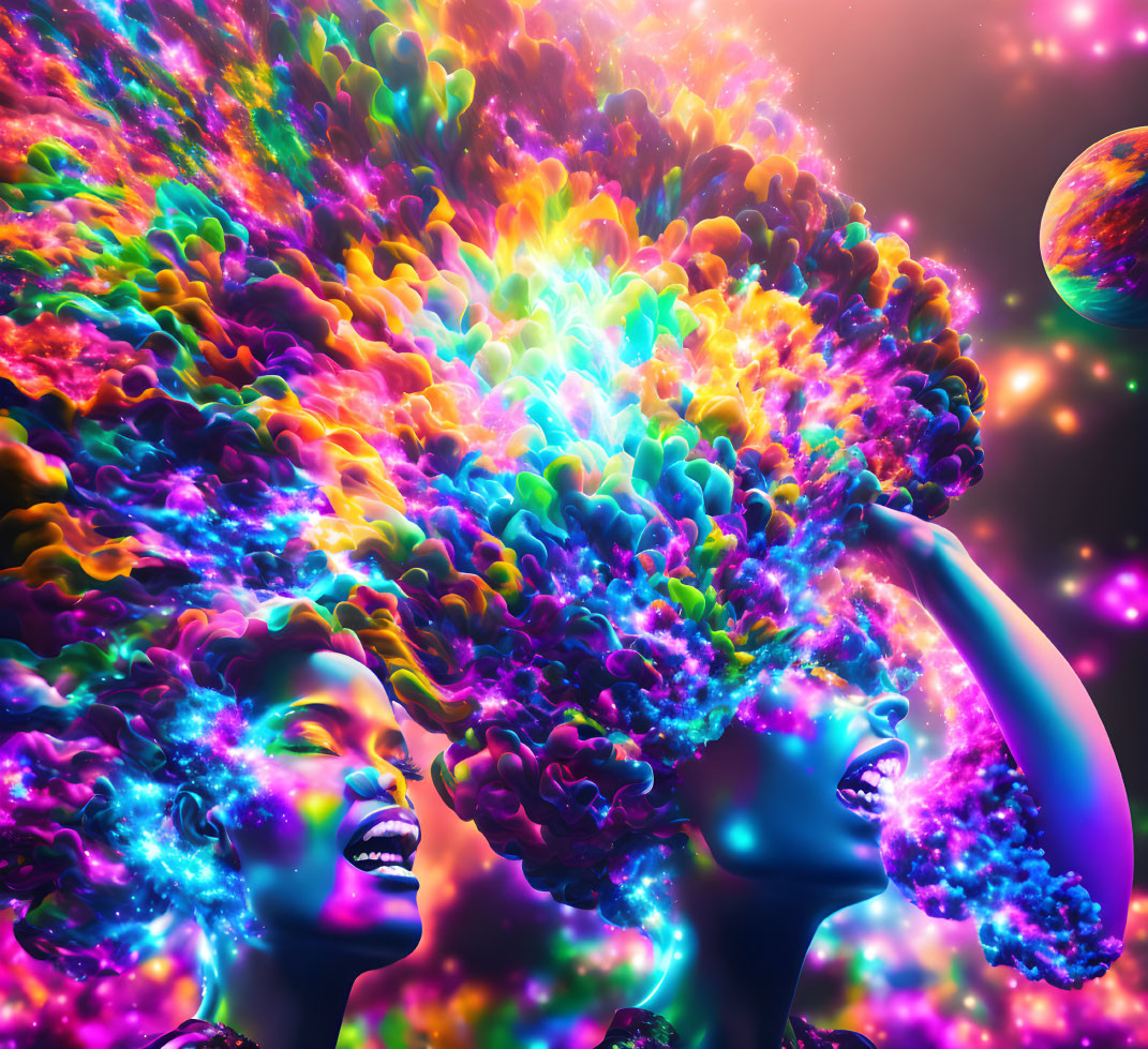 Colorful psychedelic image of two profiles with fractal hair in cosmic setting