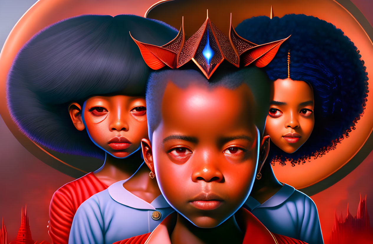 Stylized children with large eyes and afros on red-otherworldly backdrop