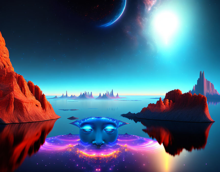 Surreal landscape with vibrant cosmic sky and celestial elements