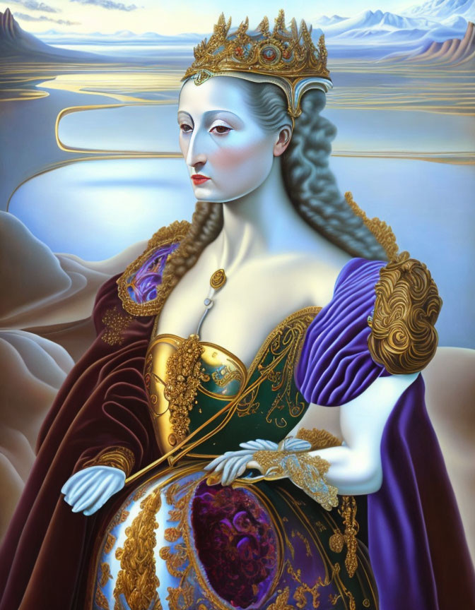 Portrait of woman in royal attire with golden crown and scepter in surreal landscape