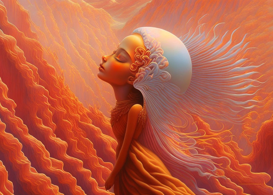 Surreal illustration of serene woman with flowing hair in orange fiery waves