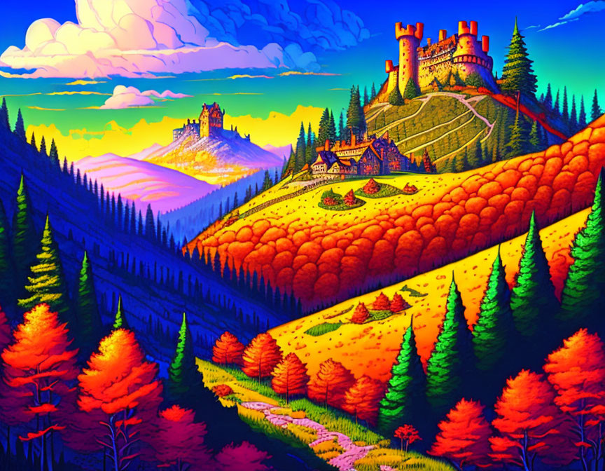 Autumnal forest landscape with castle, winding roads, and mountains under cloudy sky