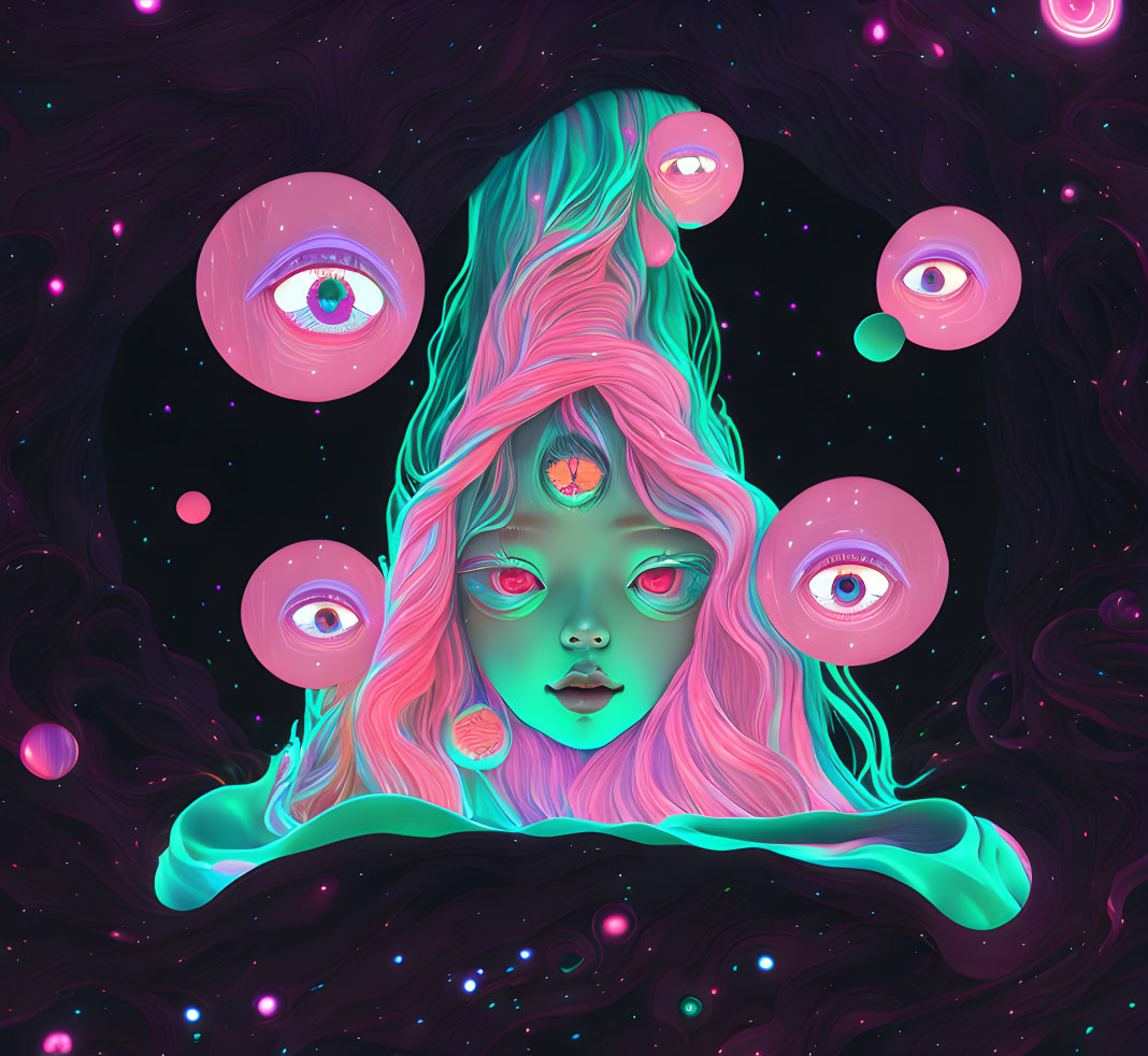 Colorful digital art: Female figure with pink hair, cosmic neon background.