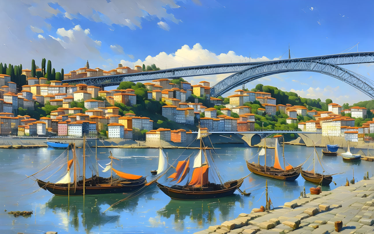 Coastal town painting: terracotta roofs, arch bridge, sailboats docked