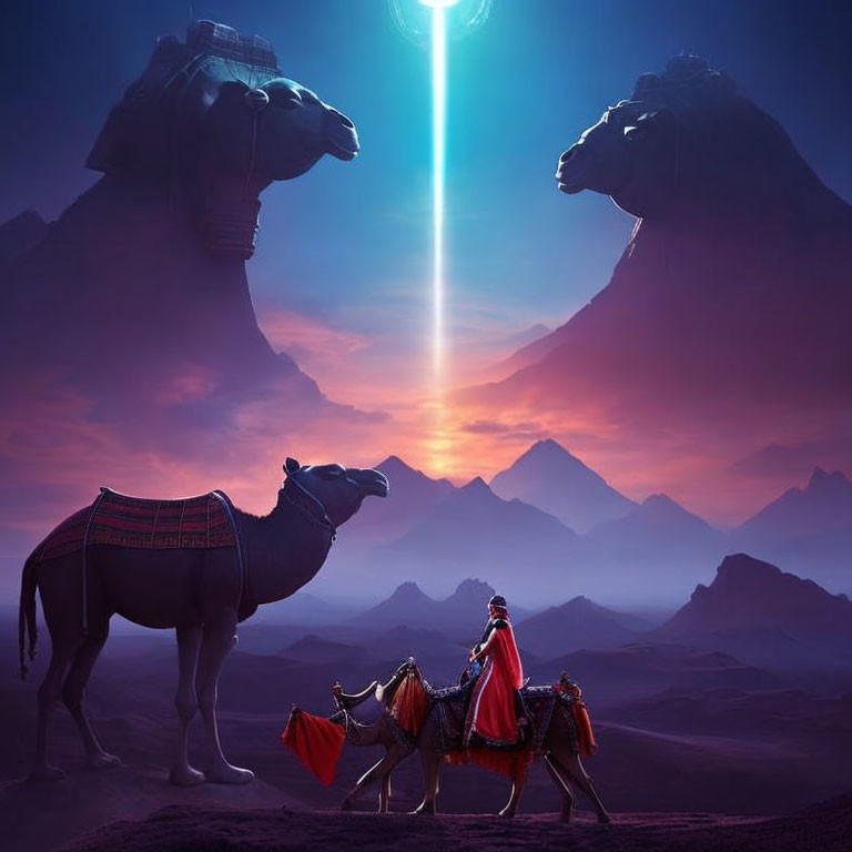 Desert sunset scene with camel rider and mystical sky beam