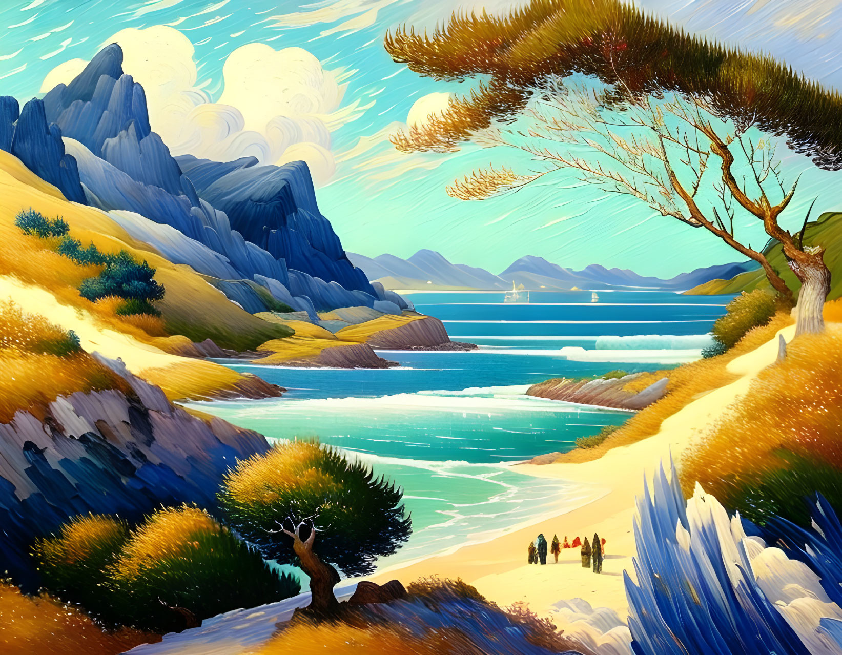 Scenic landscape painting with river, mountains, people, and lush greenery