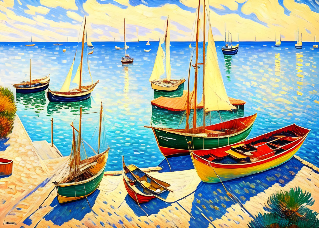 Colorful Sailboat Painting on Blue Sea with Clear Sky