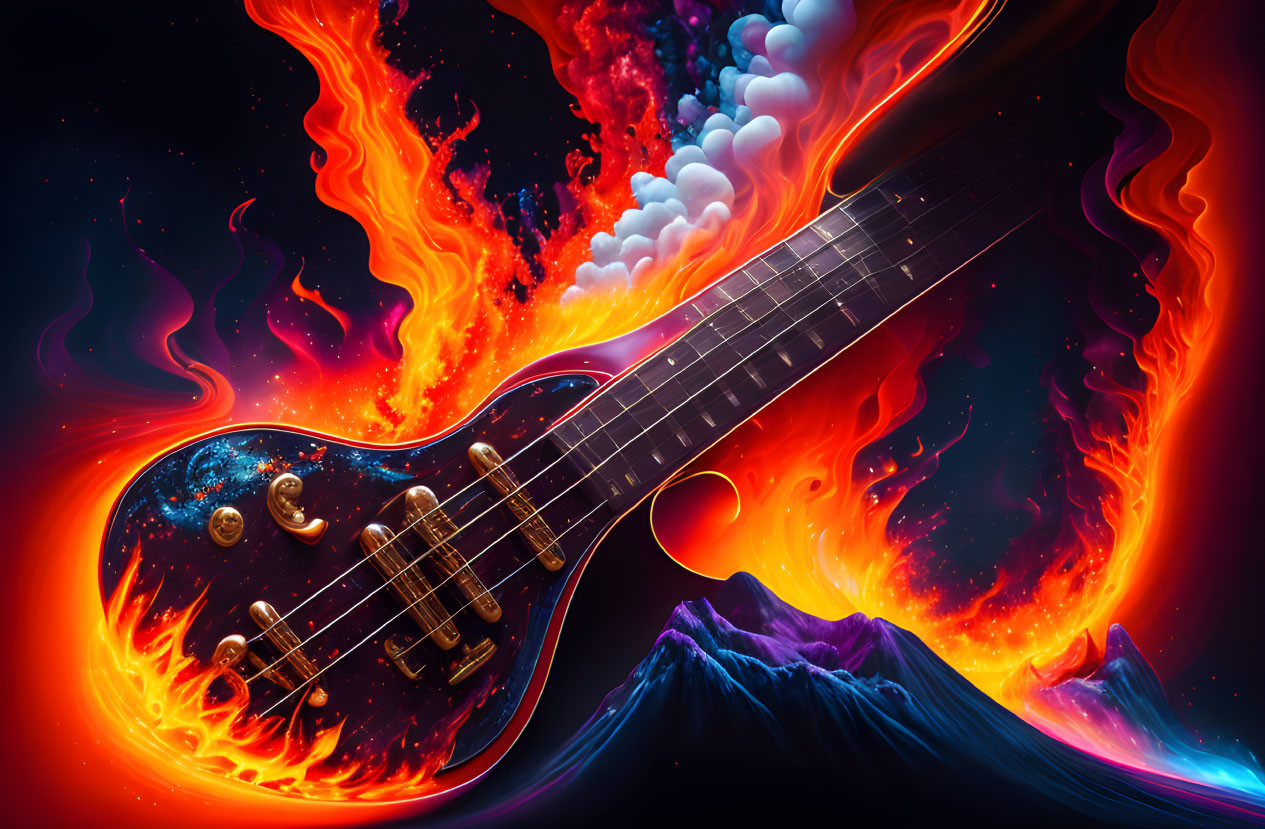 Colorful Guitar Illustration with Fiery Waves on Cosmic Background