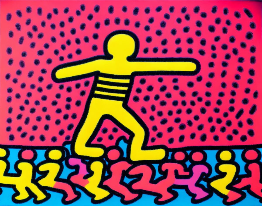 Yellow figure with blue torso on pink background and multicolored border