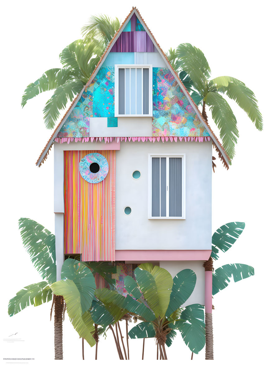 Colorful Two-Story House with Palm Trees and Donut Balcony Float