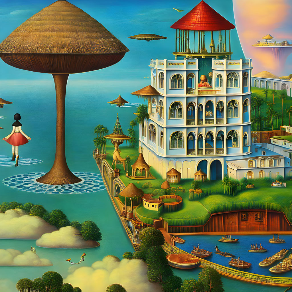 Whimsical painting of surreal landscape with mushroom, building, figures, boats.