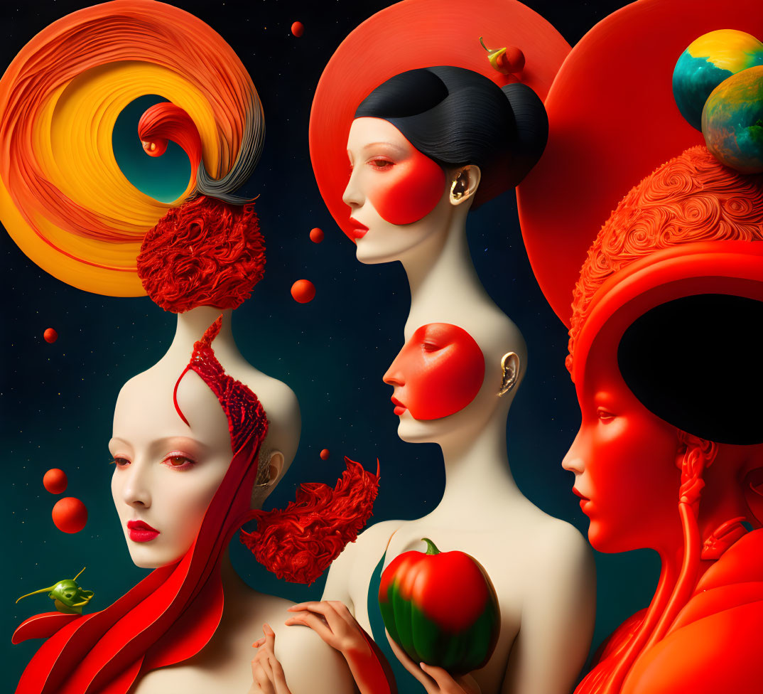 Stylized female figures with red headpieces and celestial and fruit themes on starry background