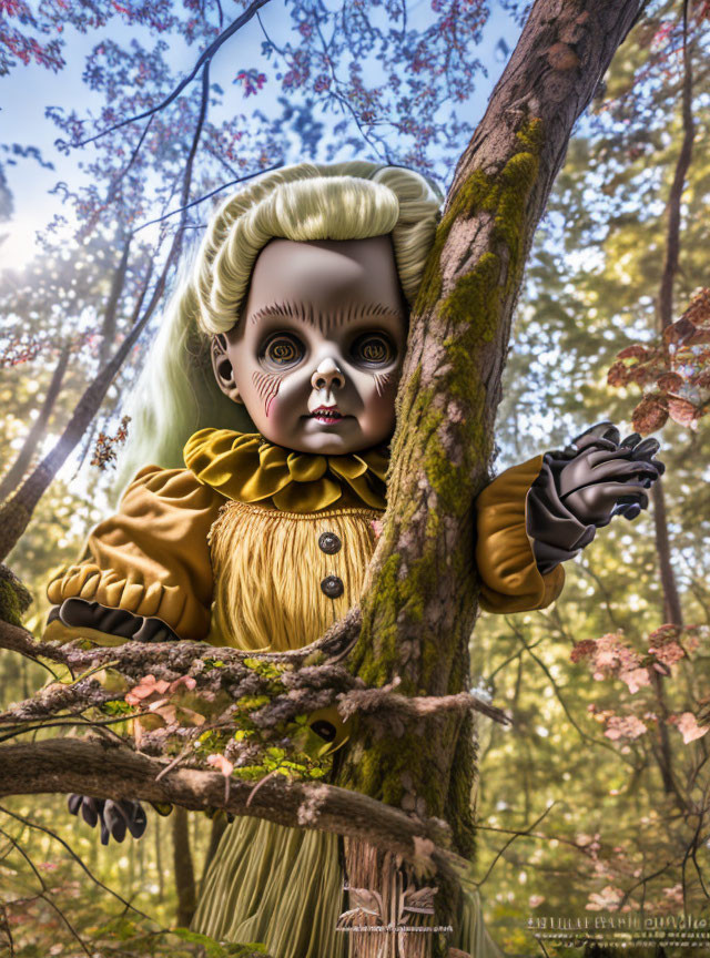 Creepy doll in vintage yellow dress posed in forest with big eyes.