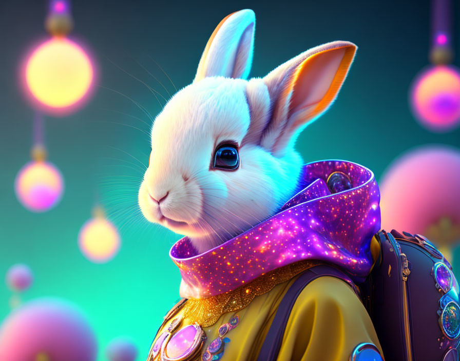 Stylized rabbit with human-like eyes in galaxy-themed attire surrounded by glowing orbs