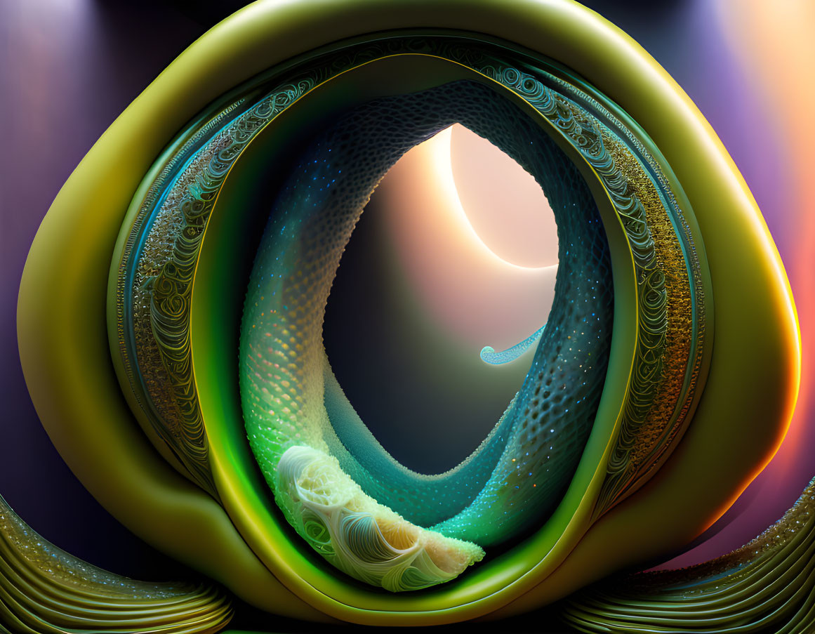 Fractal Art: Green and Yellow Spiral Patterns on Purple Background