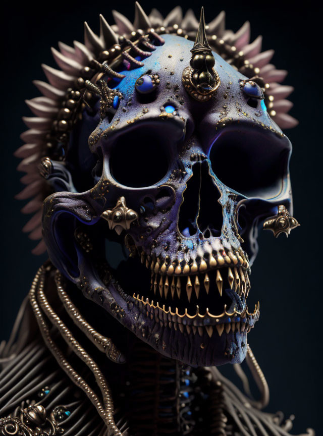 Detailed Metallic Skull with Spikes and Blue-Purple Hues