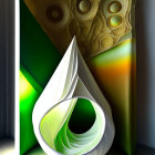 Abstract green and white artwork with glowing centerpiece and swirl patterns