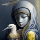 Ethereal gray and gold figures with serene expressions among white birds and golden foliage on blue backdrop