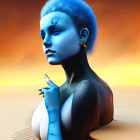 Stylized 3D Woman with Blue Skin in Sunset Desert