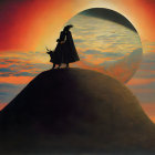 Cloaked figure on rocky hill under eclipsed sun & night sky