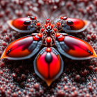 Symmetrical vibrant insect digital artwork with red, black, and white color scheme