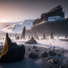 Mystical winter landscape with bison, Viking longships, and snow-covered pine trees