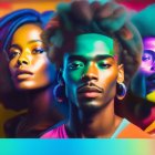 Vibrant makeup and colorful hairstyles on three women against multicolored backdrop