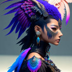 Digital art portrait of a woman with raven-inspired headdress, tribal makeup, and mystical aura next