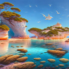 Scenic coastal landscape with rock formations, blue sky, water, coral reefs, and seagulls